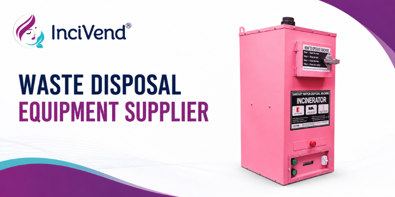 Waste Disposal Equipment Supplier banner featuring Incivend sanitary napkin incinerator machine for hygienic waste management solutions.