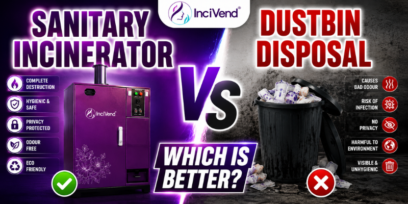 Sanitary Incinerator vs Dustbin Disposal comparison banner showcasing hygienic sanitary waste disposal with an Incivend sanitary napkin incinerator.