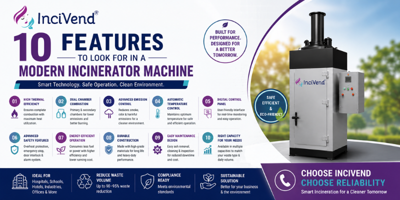 Modern incinerator machine infographic by Incivend highlighting 10 essential features.