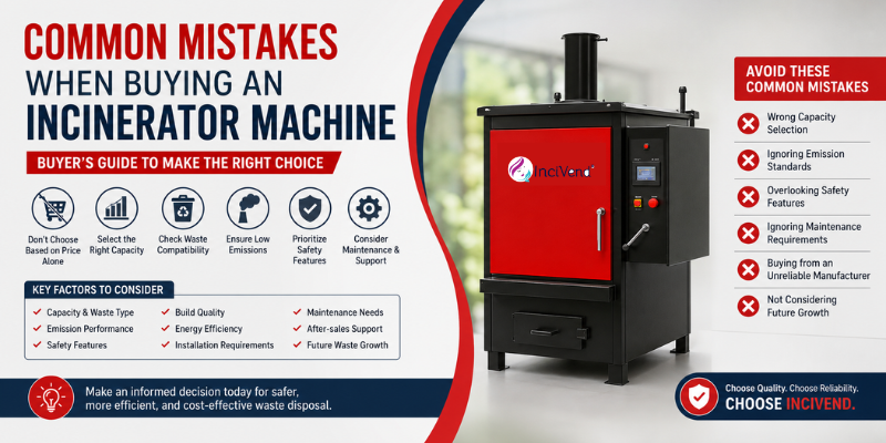 Professional infographic showing common mistakes to avoid when buying an incinerator machine, including capacity, safety, emissions, maintenance, and waste compatibility by Incivend.